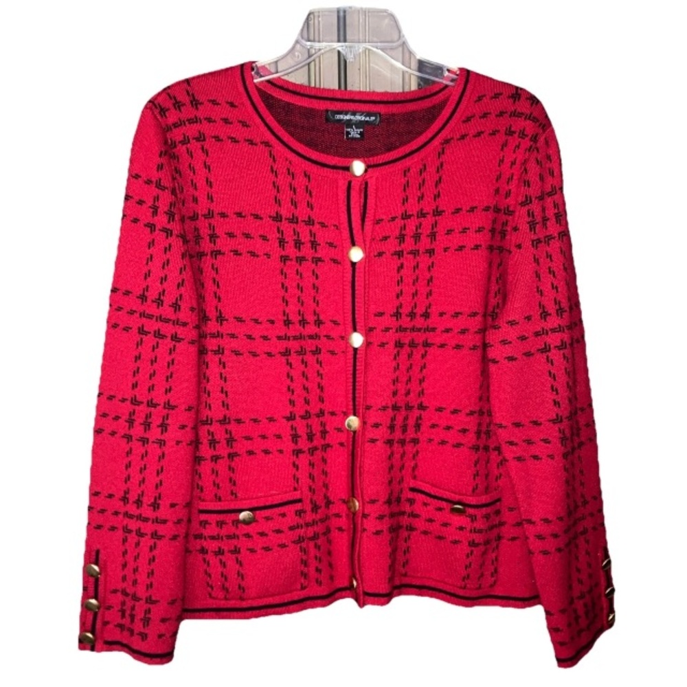 Vintage Designers Originals 1990’s Red Black Plaid Cardigan L Cardigan Sweater.